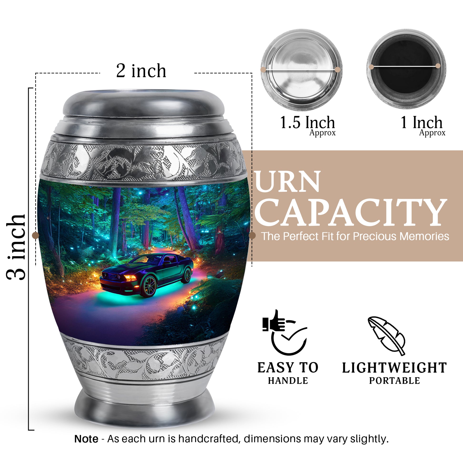 Cobalt Blue Car Cremation Urn lifestyle display on memorial shelf - royal car engraving with decorative scrollwork - mini keepsake memorial for portion of cremation ashes