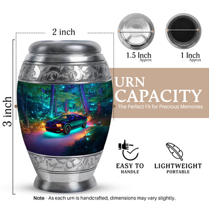 Cobalt Blue Car Cremation Urn lifestyle display on memorial shelf - royal car engraving with decorative scrollwork - mini keepsake memorial for portion of cremation ashes