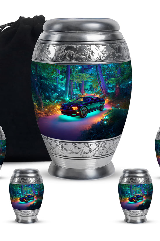 Soft Blue Car Cremation Urn detail view - royal car engraving with decorative scrollwork - memorial set with one large and four small urns