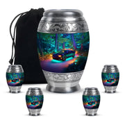 Soft Blue Car Cremation Urn detail view - royal car engraving with decorative scrollwork - memorial set with one large and four small urns