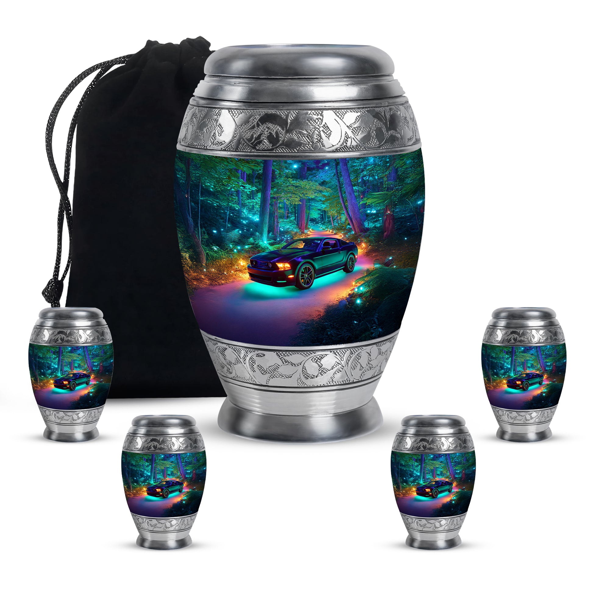 Soft Blue Car Cremation Urn detail view - royal car engraving with decorative scrollwork - memorial set with one large and four small urns