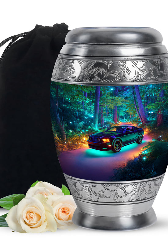 Soft Blue Car Cremation Urn back view with polished surface - majestic car pattern with filigree border - full-size 10 inch 200 cubic inch adult cremation urn