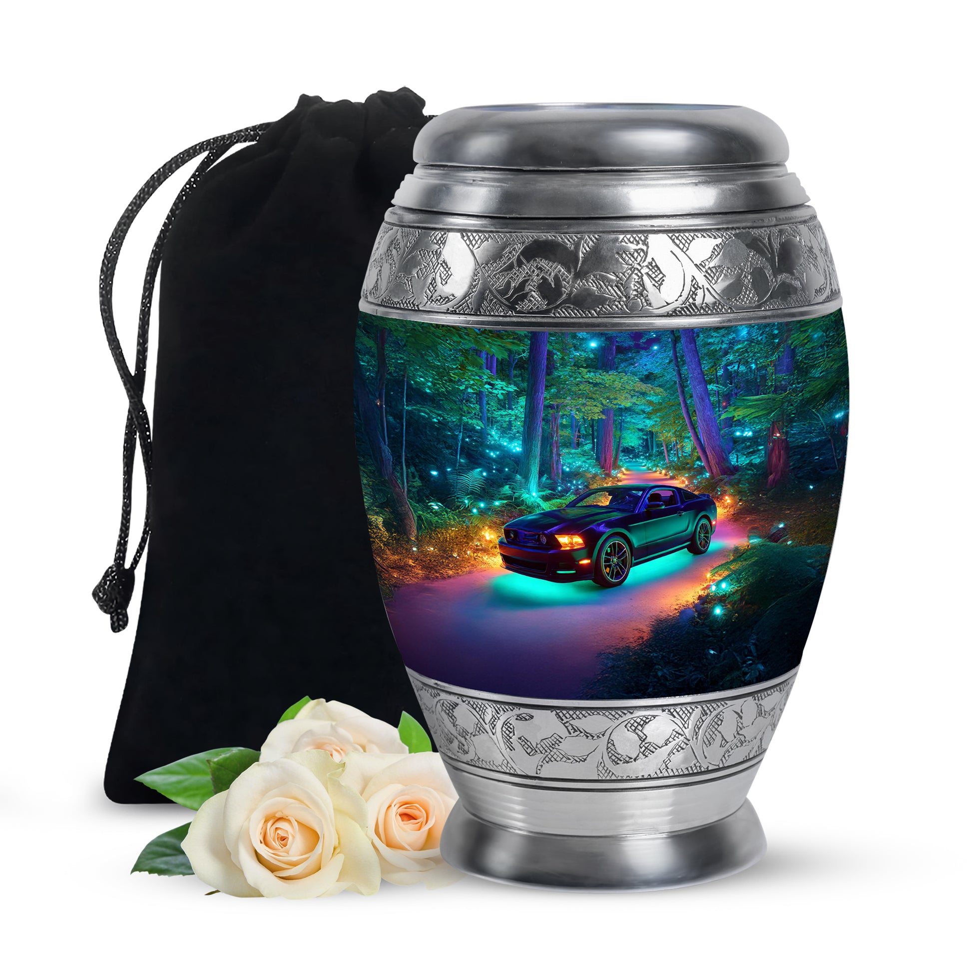 Soft Blue Car Cremation Urn back view with polished surface - majestic car pattern with filigree border - full-size 10 inch 200 cubic inch adult cremation urn