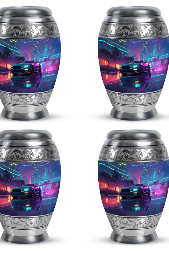 Sapphire Blue Car Cremation Urn urn with complimentary velvet bag - royal car engraving with decorative scrollwork - 10 inch aluminum urn for cremated remains