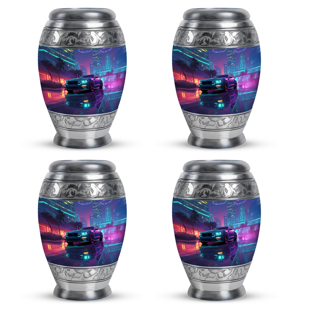 Sapphire Blue Car Cremation Urn urn with complimentary velvet bag - royal car engraving with decorative scrollwork - 10 inch aluminum urn for cremated remains