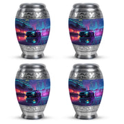Sapphire Blue Car Cremation Urn urn with complimentary velvet bag - royal car engraving with decorative scrollwork - 10 inch aluminum urn for cremated remains