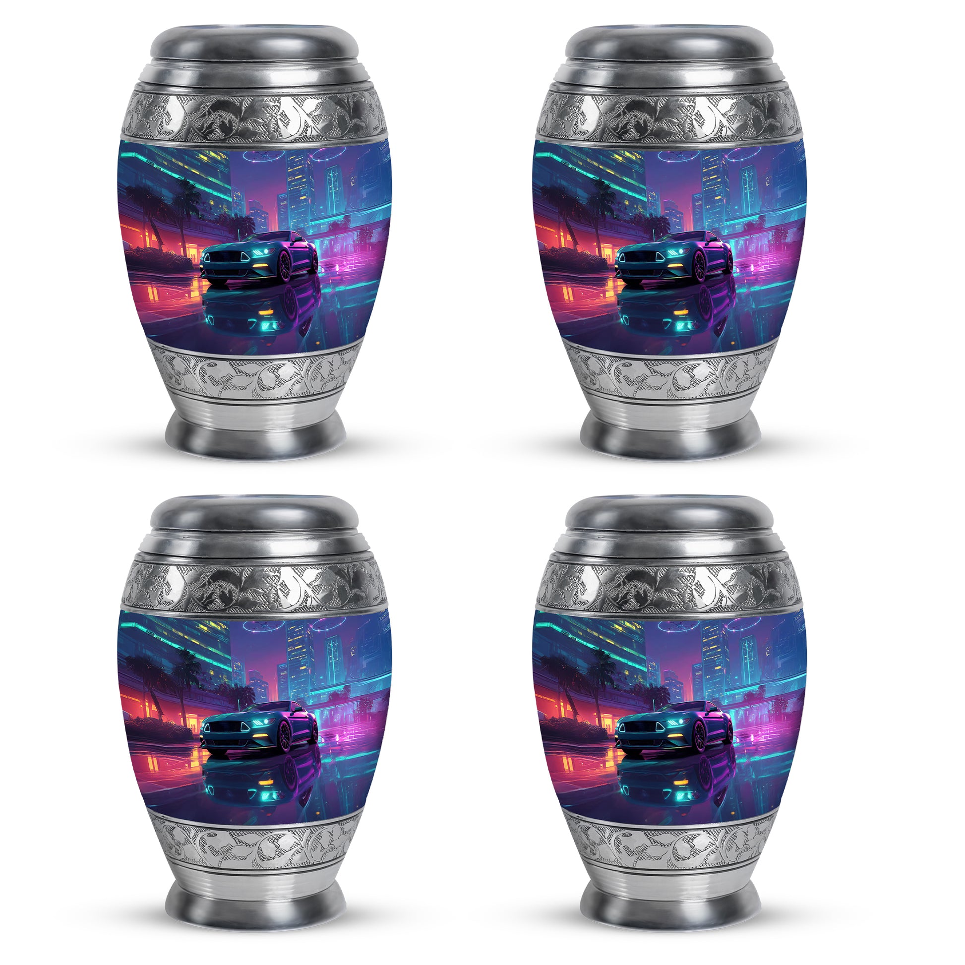 Sapphire Blue Car Cremation Urn urn with complimentary velvet bag - royal car engraving with decorative scrollwork - 10 inch aluminum urn for cremated remains