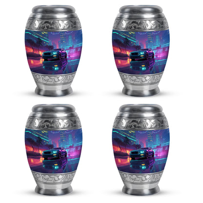 Sapphire Blue Car Cremation Urn urn with complimentary velvet bag - royal car engraving with decorative scrollwork - 10 inch aluminum urn for cremated remains