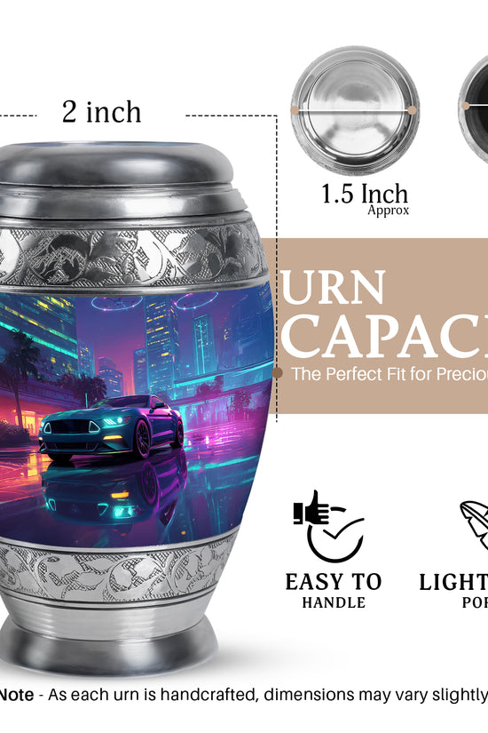Cornflower Blue Car Cremation Urn lifestyle display on memorial shelf - royal car engraving with decorative scrollwork - mini keepsake memorial for portion of cremation ashes