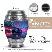 Cornflower Blue Car Cremation Urn lifestyle display on memorial shelf - royal car engraving with decorative scrollwork - mini keepsake memorial for portion of cremation ashes