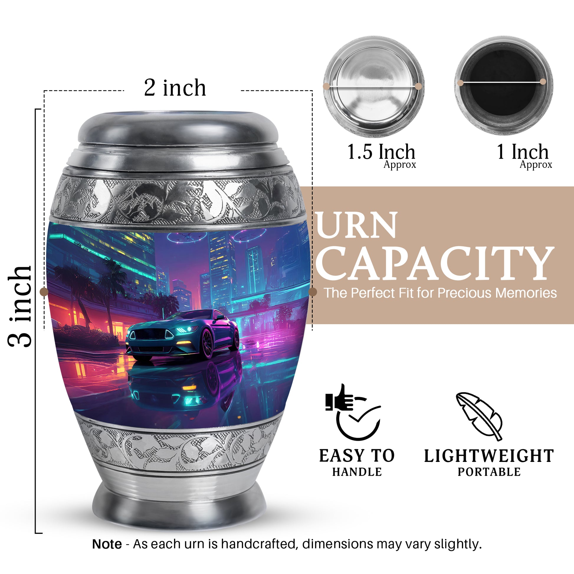 Cornflower Blue Car Cremation Urn lifestyle display on memorial shelf - royal car engraving with decorative scrollwork - mini keepsake memorial for portion of cremation ashes