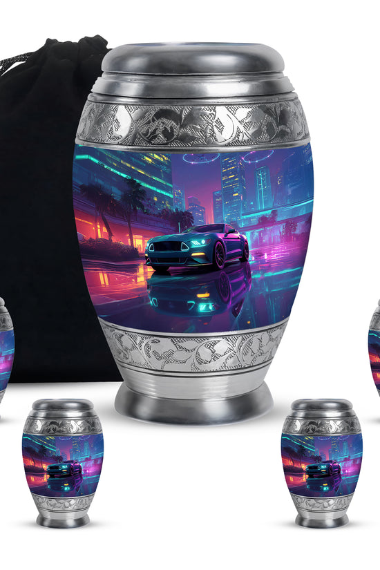Vivid Blue Car Cremation Urn detail view - majestic car pattern with filigree border - memorial set with one large and four small urns