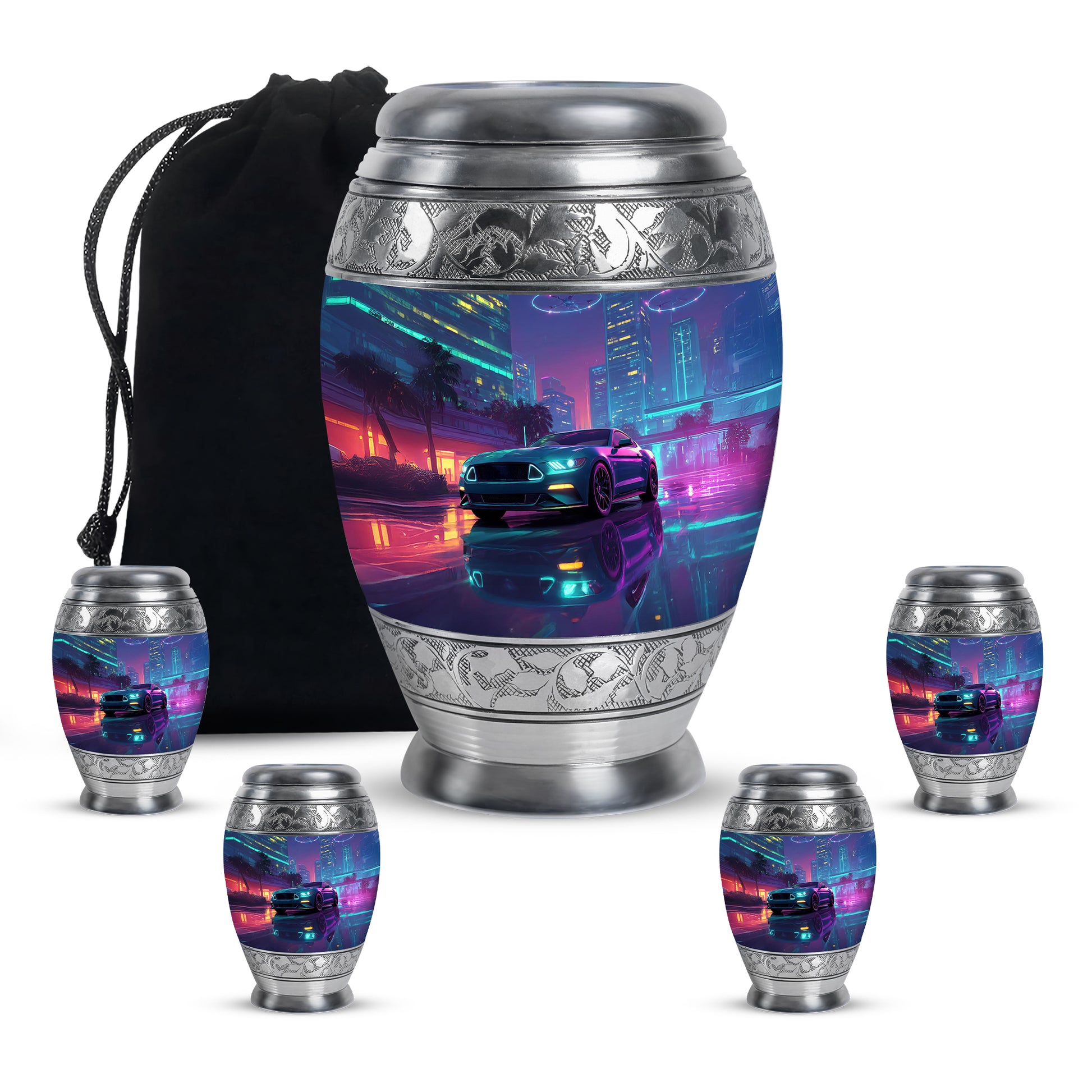 Vivid Blue Car Cremation Urn detail view - majestic car pattern with filigree border - memorial set with one large and four small urns