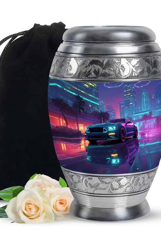 Dusty Blue Car Cremation Urn back view with polished surface - regal car design with crown-inspired accents - full-size 10 inch 200 cubic inch adult cremation urn