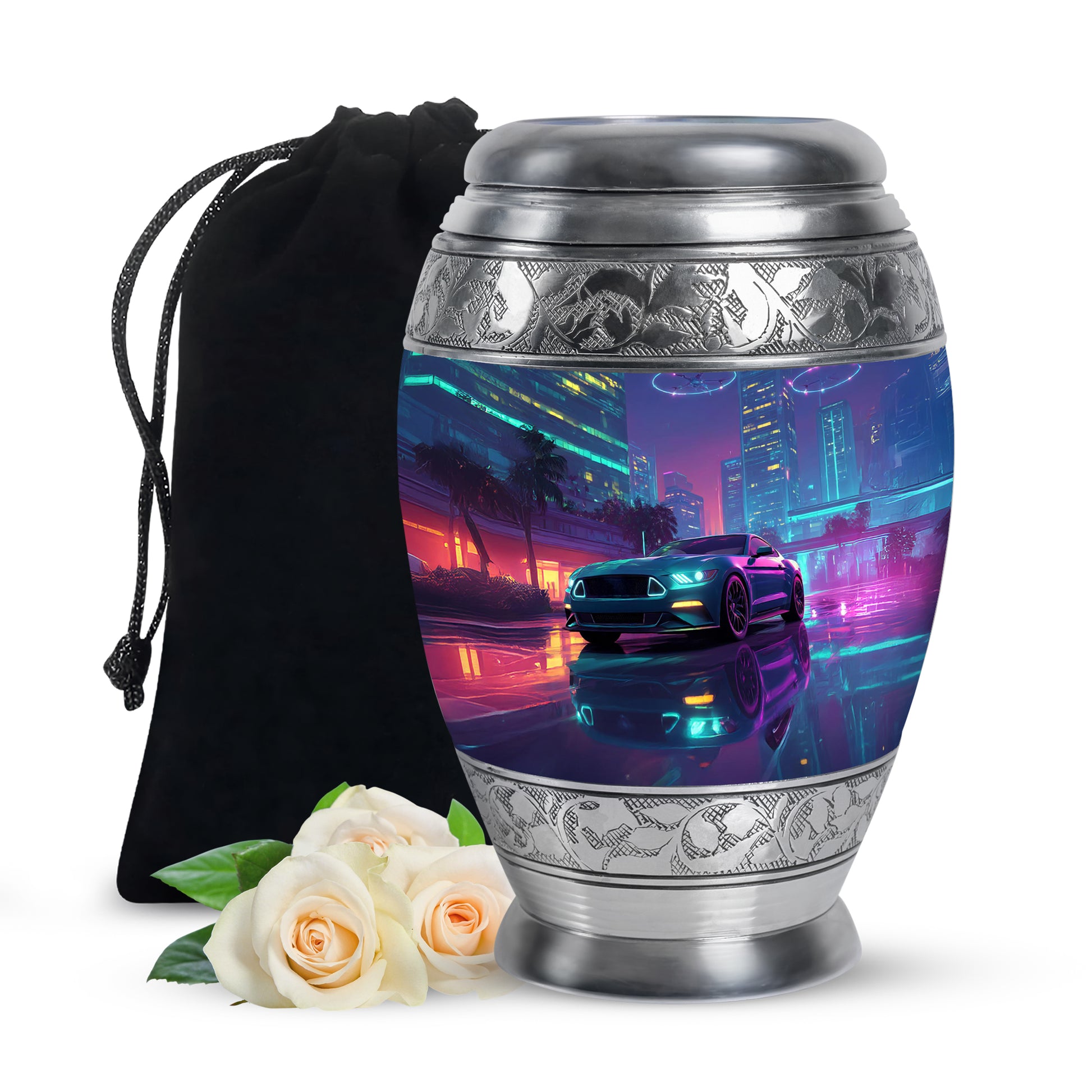 Dusty Blue Car Cremation Urn back view with polished surface - regal car design with crown-inspired accents - full-size 10 inch 200 cubic inch adult cremation urn