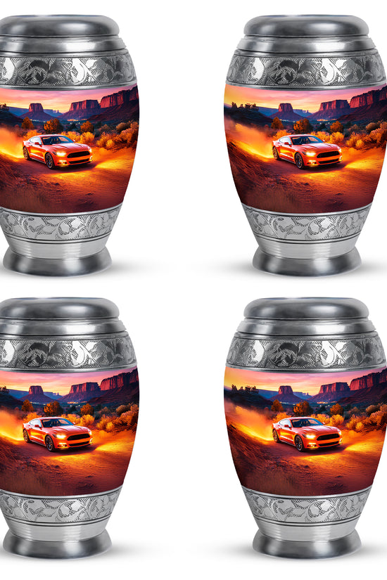 Cherry Red Car Cremation Urn urn with complimentary velvet bag - royal car engraving with decorative scrollwork - 10 inch aluminum urn for cremated remains