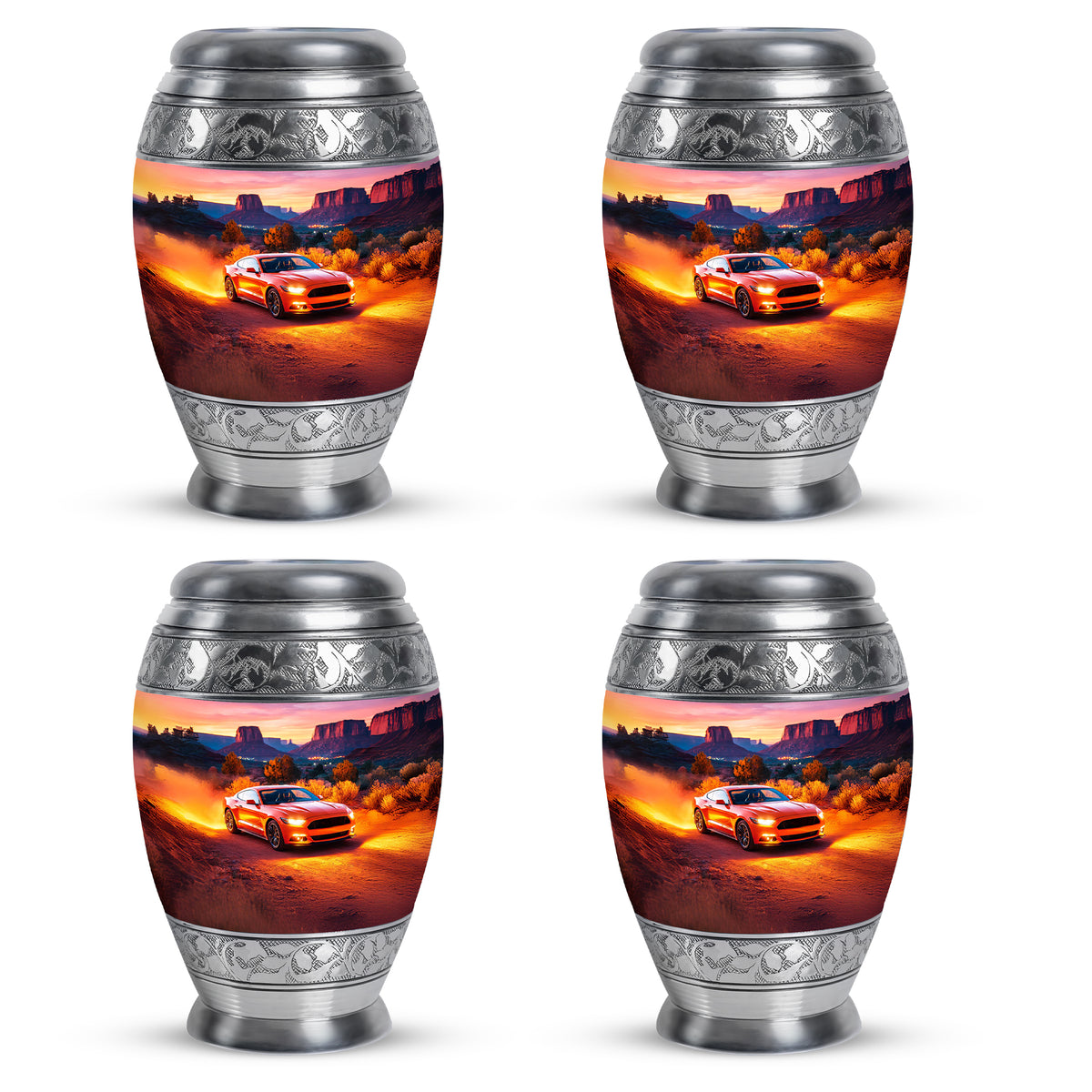 Cherry Red Car Cremation Urn urn with complimentary velvet bag - royal car engraving with decorative scrollwork - 10 inch aluminum urn for cremated remains