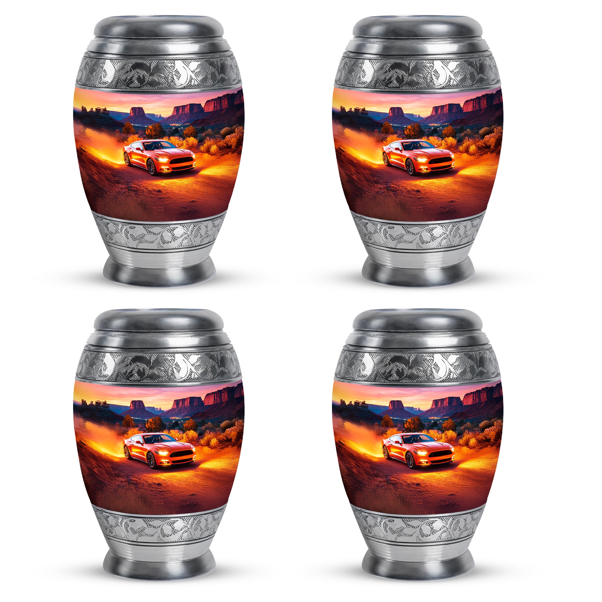 Cherry Red Car Cremation Urn urn with complimentary velvet bag - royal car engraving with decorative scrollwork - 10 inch aluminum urn for cremated remains
