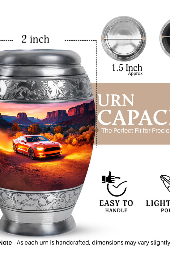 Scarlet Red Car Cremation Urn lifestyle display on memorial shelf - royal car engraving with decorative scrollwork - mini keepsake memorial for portion of cremation ashes