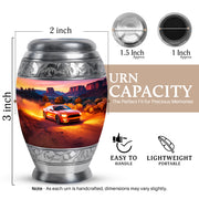 Scarlet Red Car Cremation Urn lifestyle display on memorial shelf - royal car engraving with decorative scrollwork - mini keepsake memorial for portion of cremation ashes