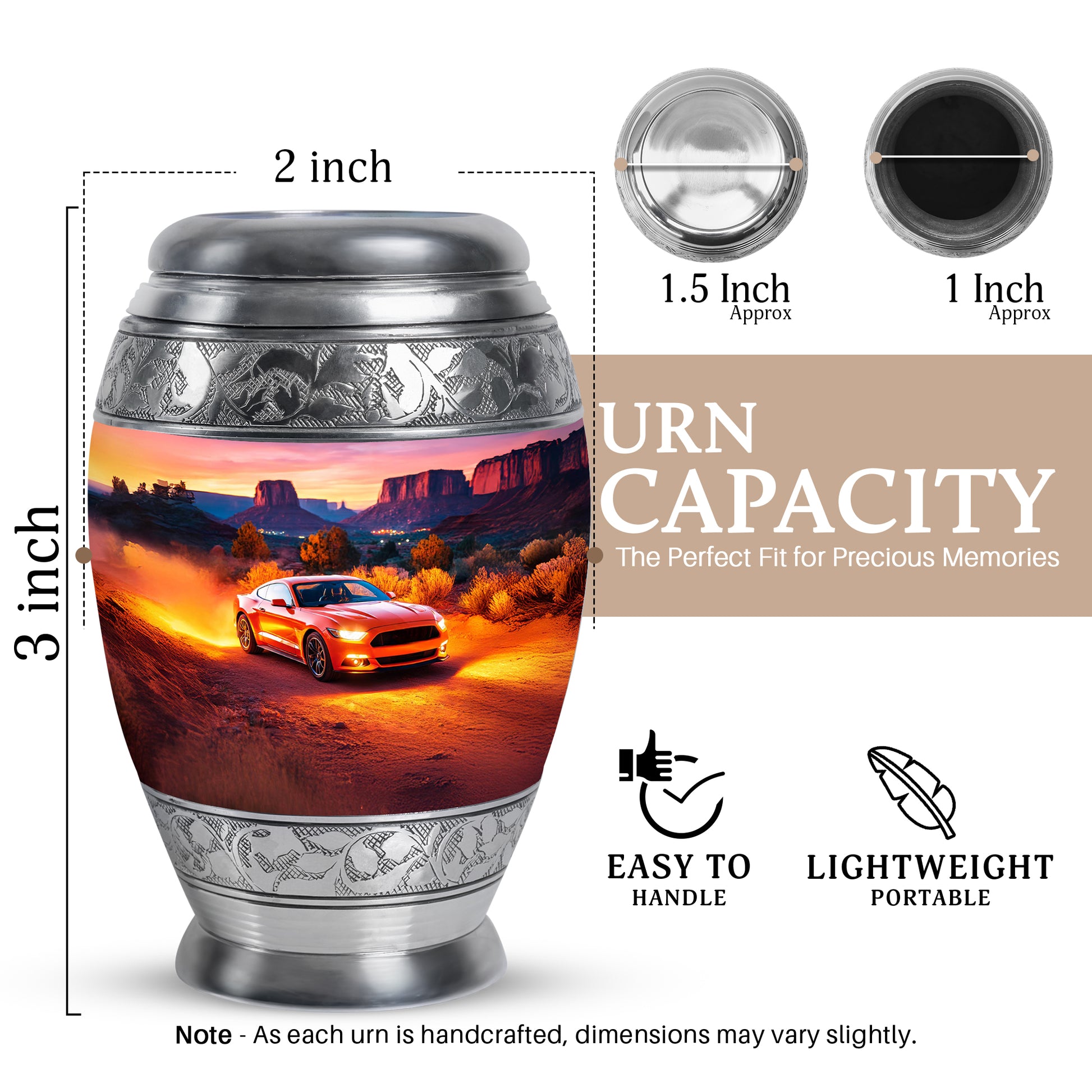 Scarlet Red Car Cremation Urn lifestyle display on memorial shelf - royal car engraving with decorative scrollwork - mini keepsake memorial for portion of cremation ashes