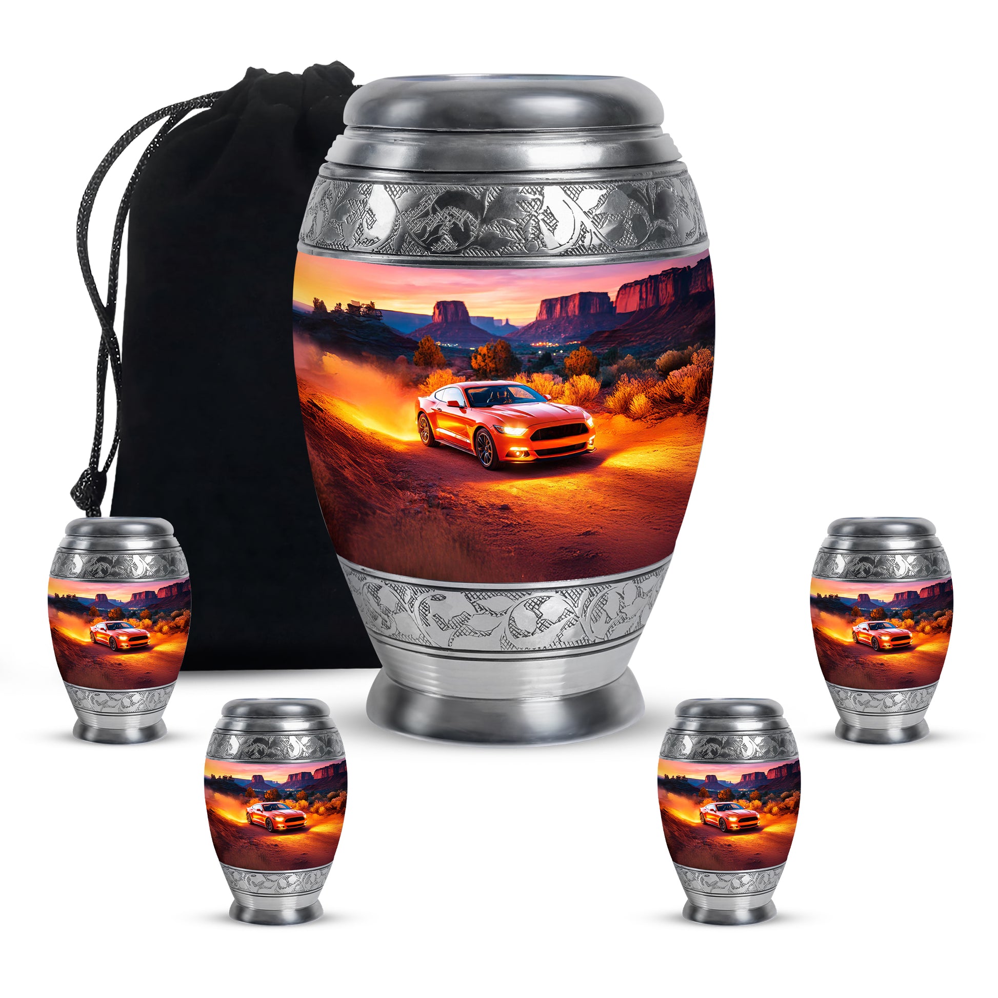 Deep Red Car Cremation Urn detail view - ornate monarch-style car relief on brushed aluminum - memorial set with one large and four small urns