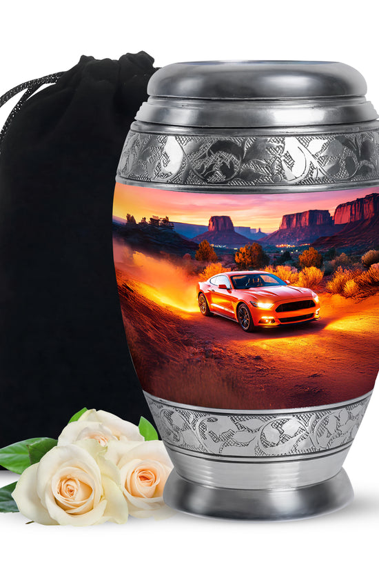 Burgundy Red Car Cremation Urn back view with polished surface - ornate monarch-style car relief on brushed aluminum - full-size 10 inch 200 cubic inch adult cremation urn