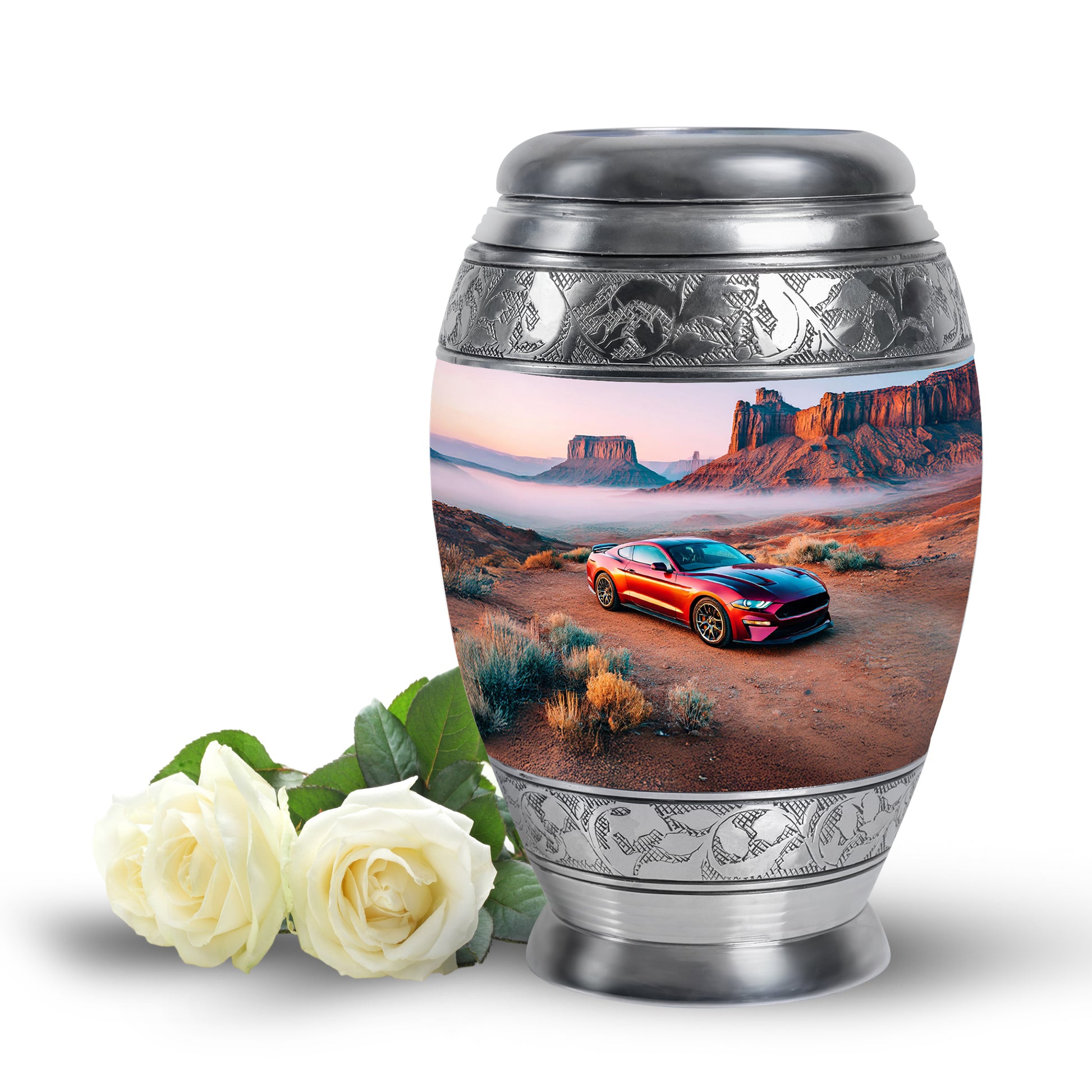 Personalized Silver Sovereign Car Cremation Urns for Human Ashes - 10-inch, 200 cu in - Karyliz