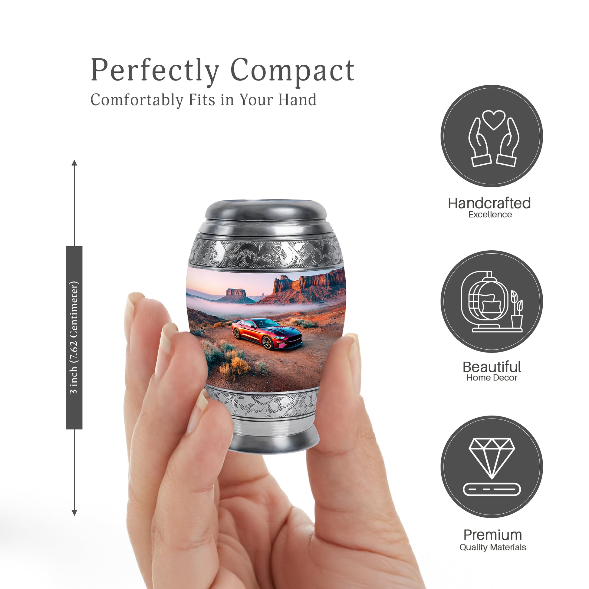 Chrome Silver Car Cremation Urn lifestyle display on memorial shelf - majestic car pattern with filigree border - mini keepsake memorial for portion of cremation ashes