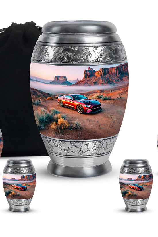Antique Silver Car Cremation Urn detail view - majestic car pattern with filigree border - memorial set with one large and four small urns