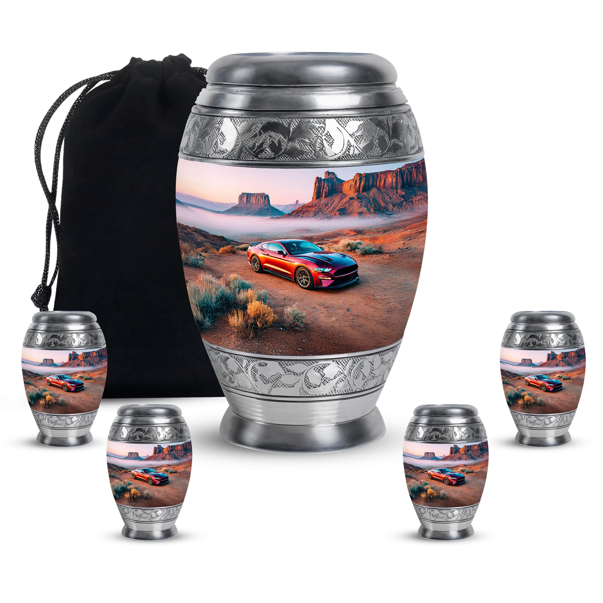 Antique Silver Car Cremation Urn detail view - majestic car pattern with filigree border - memorial set with one large and four small urns