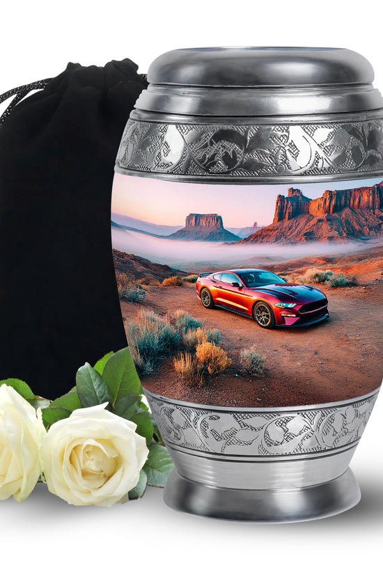 Polished Silver Car Cremation Urn back view with polished surface - royal car engraving with decorative scrollwork - full-size 10 inch 200 cubic inch adult cremation urn