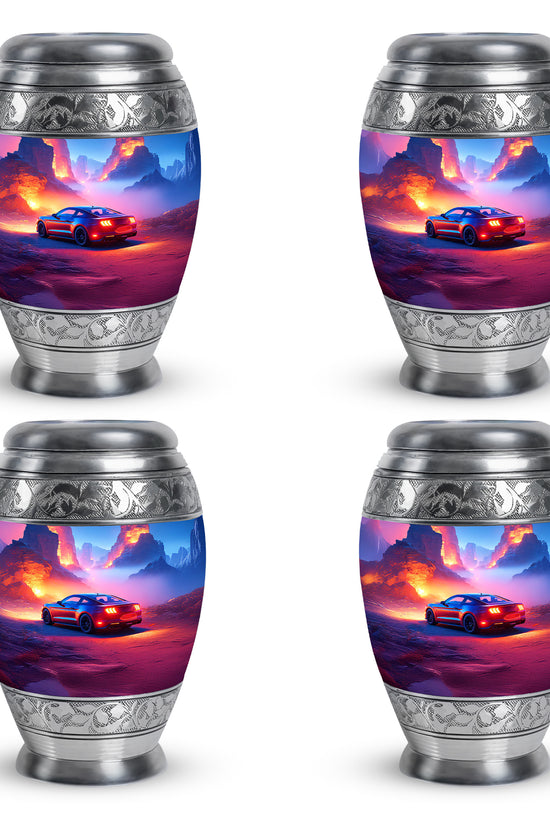 Dusty Blue Car Cremation Urn urn with complimentary velvet bag - regal car design with crown-inspired accents - 10 inch aluminum urn for cremated remains