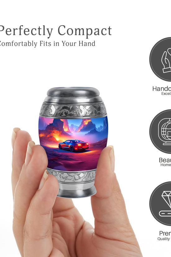 Pastel Blue Car Cremation Urn lifestyle display on memorial shelf - ornate monarch-style car relief on brushed aluminum - mini keepsake memorial for portion of cremation ashes
