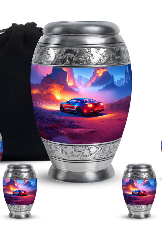 Sapphire Blue Car Cremation Urn detail view - majestic car pattern with filigree border - memorial set with one large and four small urns