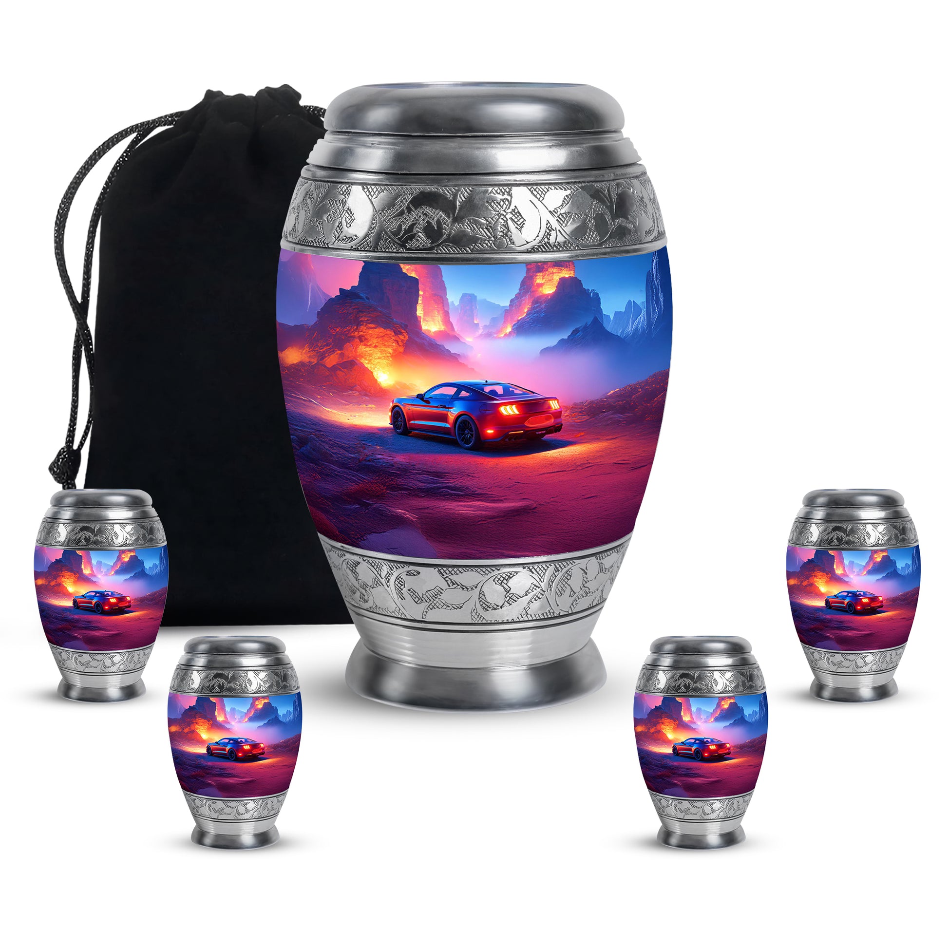 Sapphire Blue Car Cremation Urn detail view - majestic car pattern with filigree border - memorial set with one large and four small urns