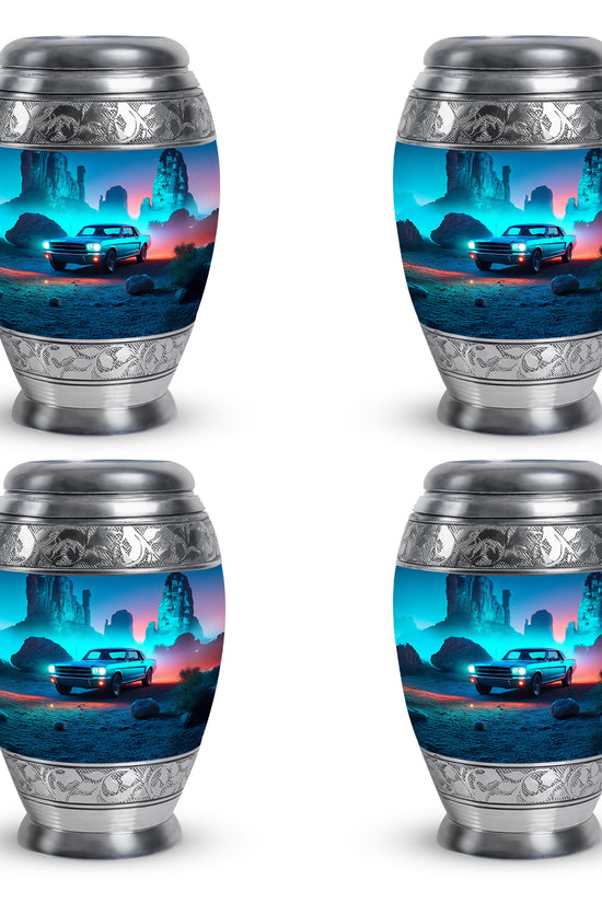Misty Blue Car Cremation Urn urn with complimentary velvet bag - ornate monarch-style car relief on brushed aluminum - 10 inch aluminum urn for cremated remains