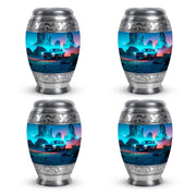 Misty Blue Car Cremation Urn urn with complimentary velvet bag - ornate monarch-style car relief on brushed aluminum - 10 inch aluminum urn for cremated remains