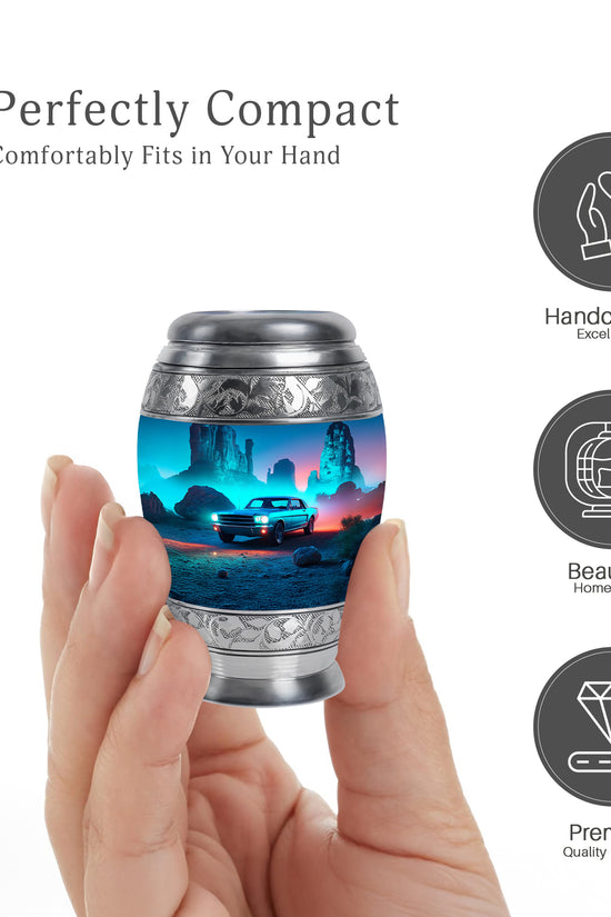 Cobalt Blue Car Cremation Urn lifestyle display on memorial shelf - royal car engraving with decorative scrollwork - mini keepsake memorial for portion of cremation ashes