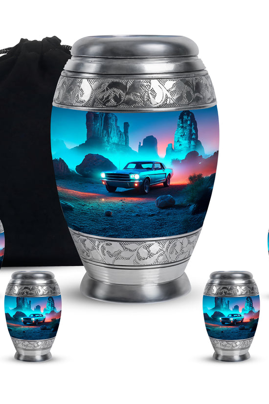 Royal Blue Car Cremation Urn detail view - royal car engraving with decorative scrollwork - memorial set with one large and four small urns