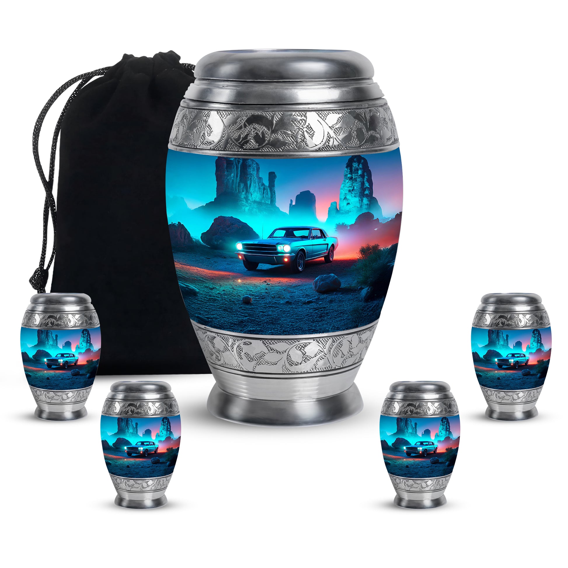Royal Blue Car Cremation Urn detail view - royal car engraving with decorative scrollwork - memorial set with one large and four small urns