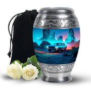 Calming Blue Car Cremation Urn back view with polished surface - royal car engraving with decorative scrollwork - full-size 10 inch 200 cubic inch adult cremation urn