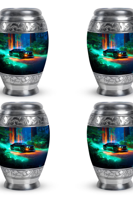 Slate Blue Car Cremation Urn urn with complimentary velvet bag - regal car design with crown-inspired accents - 10 inch aluminum urn for cremated remains