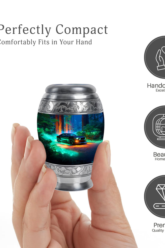 Royal Blue Car Cremation Urn lifestyle display on memorial shelf - majestic car pattern with filigree border - mini keepsake memorial for portion of cremation ashes