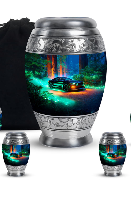 Cobalt Blue Car Cremation Urn detail view - majestic car pattern with filigree border - memorial set with one large and four small urns