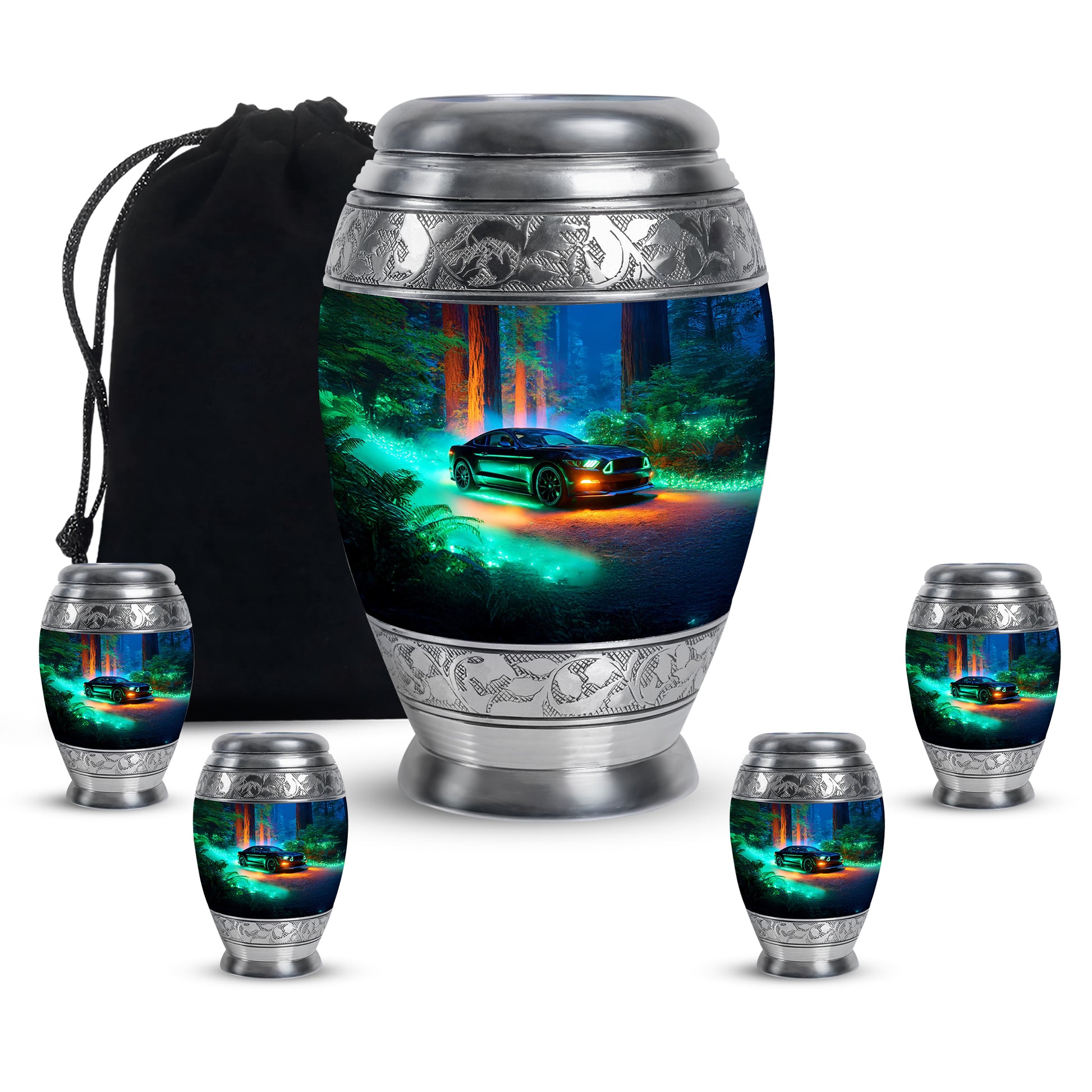Cobalt Blue Car Cremation Urn detail view - majestic car pattern with filigree border - memorial set with one large and four small urns