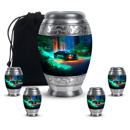 Cobalt Blue Car Cremation Urn detail view - majestic car pattern with filigree border - memorial set with one large and four small urns