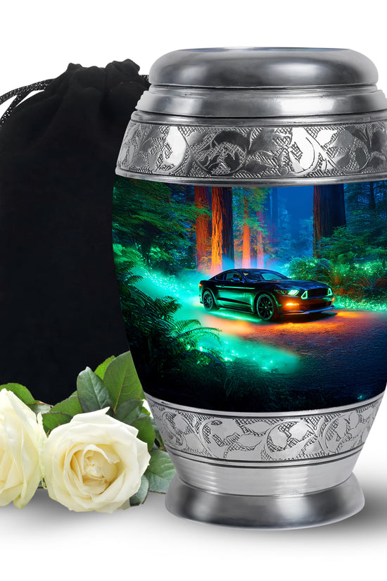 Indigo Car Cremation Urn back view with polished surface - regal car design with crown-inspired accents - full-size 10 inch 200 cubic inch adult cremation urn