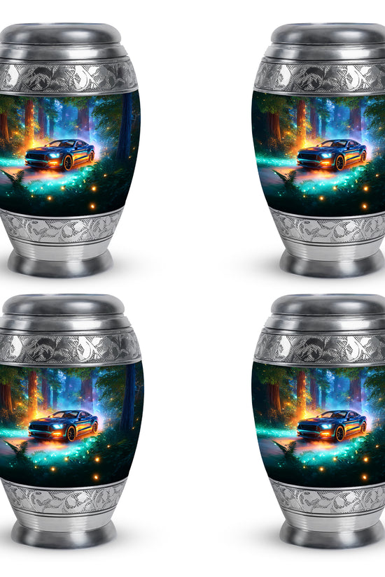 Cool Teal Car Cremation Urn urn with complimentary velvet bag - ornate monarch-style car relief on brushed aluminum - 10 inch aluminum urn for cremated remains