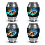 Cool Teal Car Cremation Urn urn with complimentary velvet bag - ornate monarch-style car relief on brushed aluminum - 10 inch aluminum urn for cremated remains